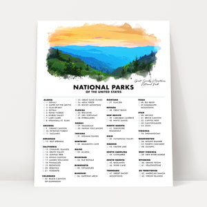 National Park Checklist Poster Print - 63 US National Parks - Travel - Gift Idea - Traveler Gifts - Wall Art - Great Smoky Mountains
