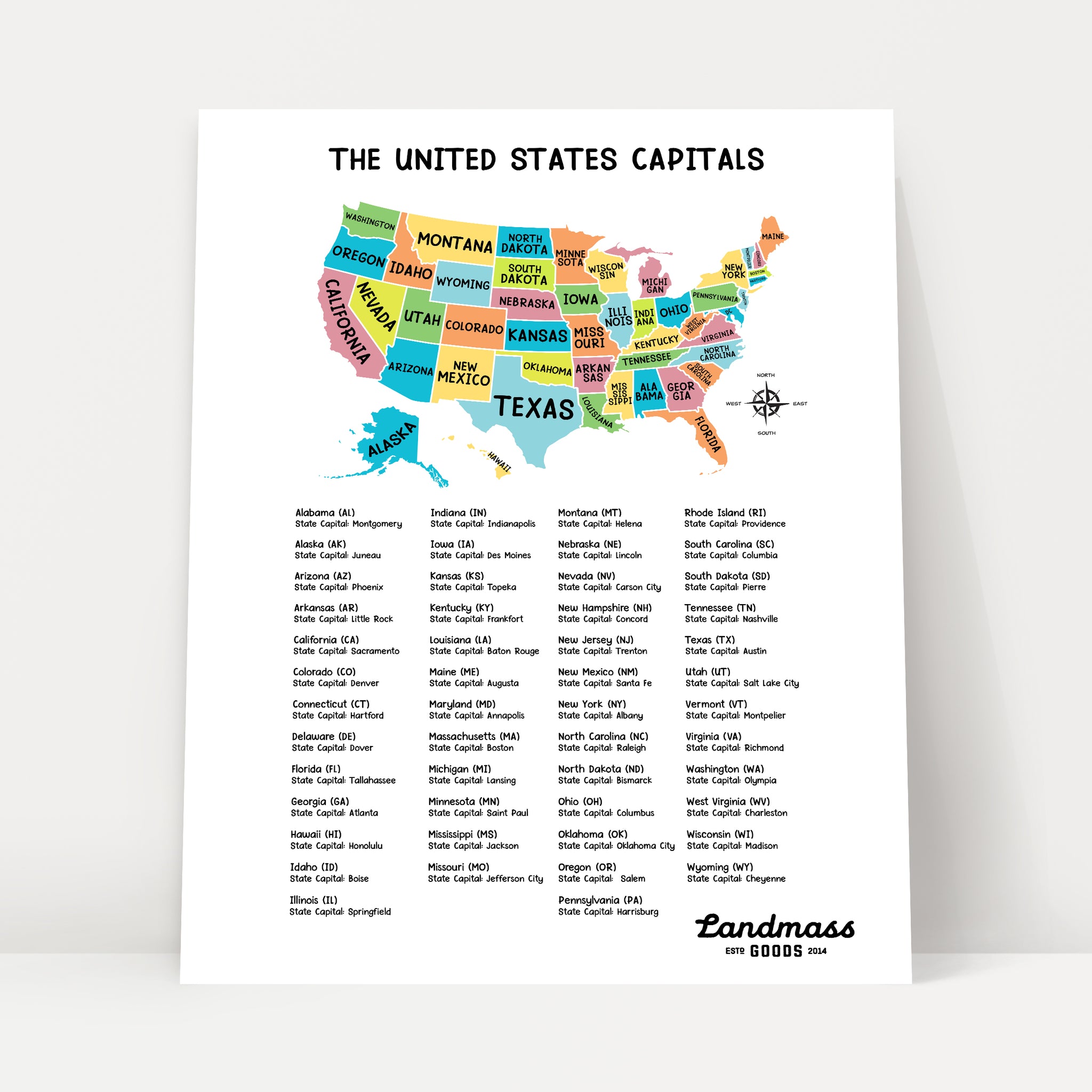 18x24” United States Map of America for Kids - State Capitals - Homeschool - Classroom - Daycare - Decor - Wall Art - Poster - Print