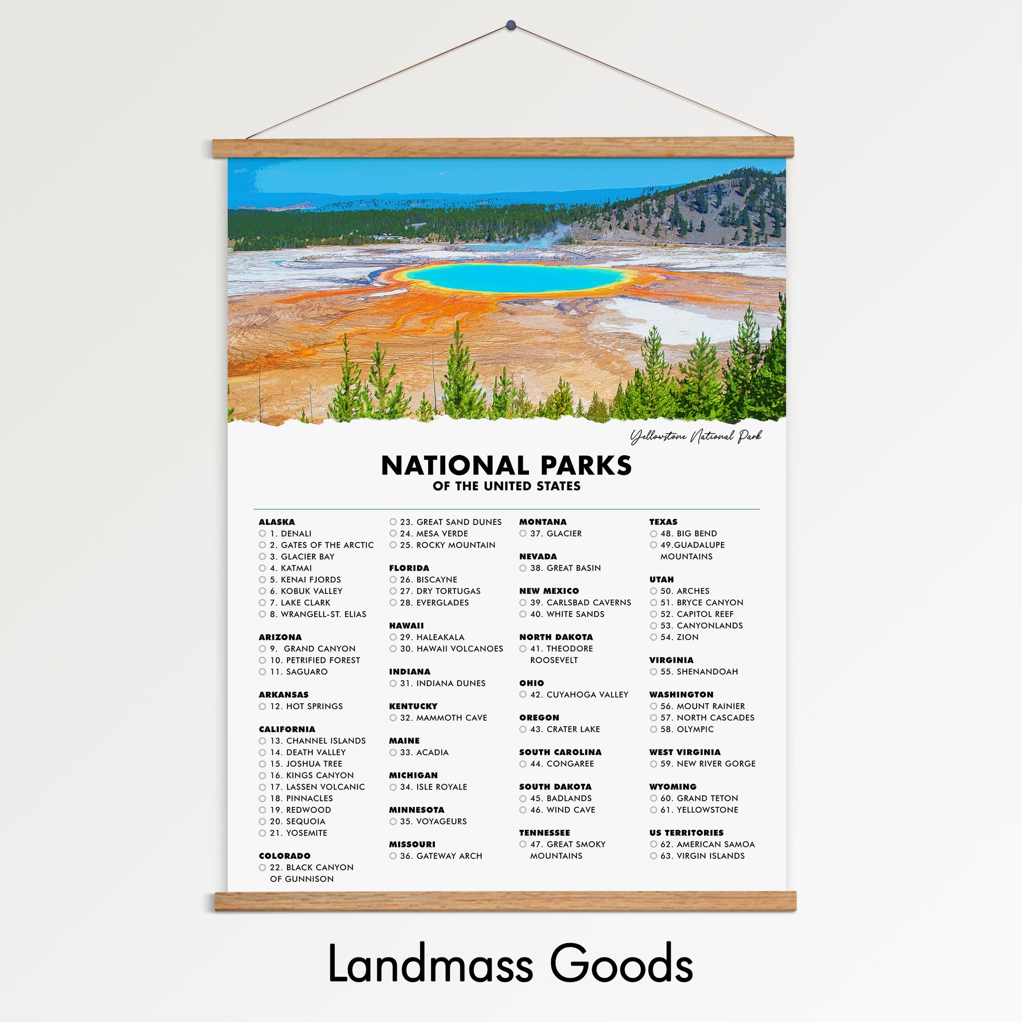 Yellowstone National Park Checklist Poster - 63 US National Parks - Gift Idea for Hiker - Gifts For Traveler - Wall Art - Adventure Travel