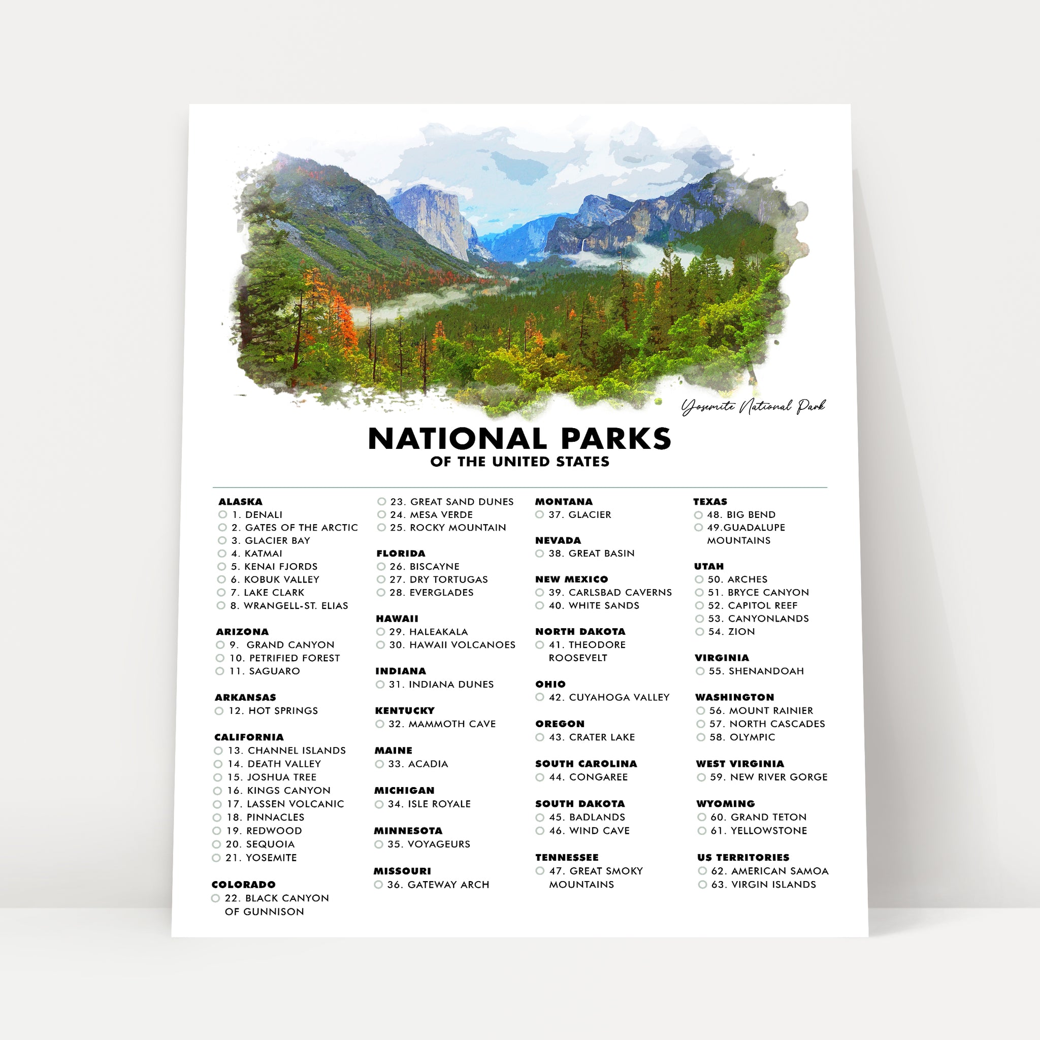 National Park Checklist Poster Print - 63 US National Parks - Travel - Gift Idea for Hiker Backpacker - Traveler Gifts - Wall Art - Yosemite