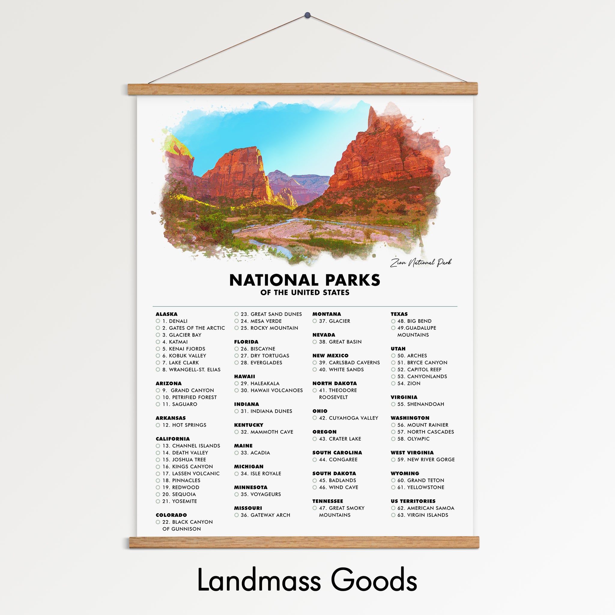 National Park Checklist Poster Print - 63 US National Parks - Travel - Gift Idea for Hiker Backpacker - Gifts For Traveler - Wall Art - Zion