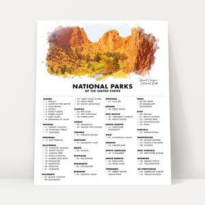National Park Checklist Poster Print - 63 US National Parks - Travel - Gift Idea for Hiker - Traveler Gifts - Wall Art - Grand Canyon