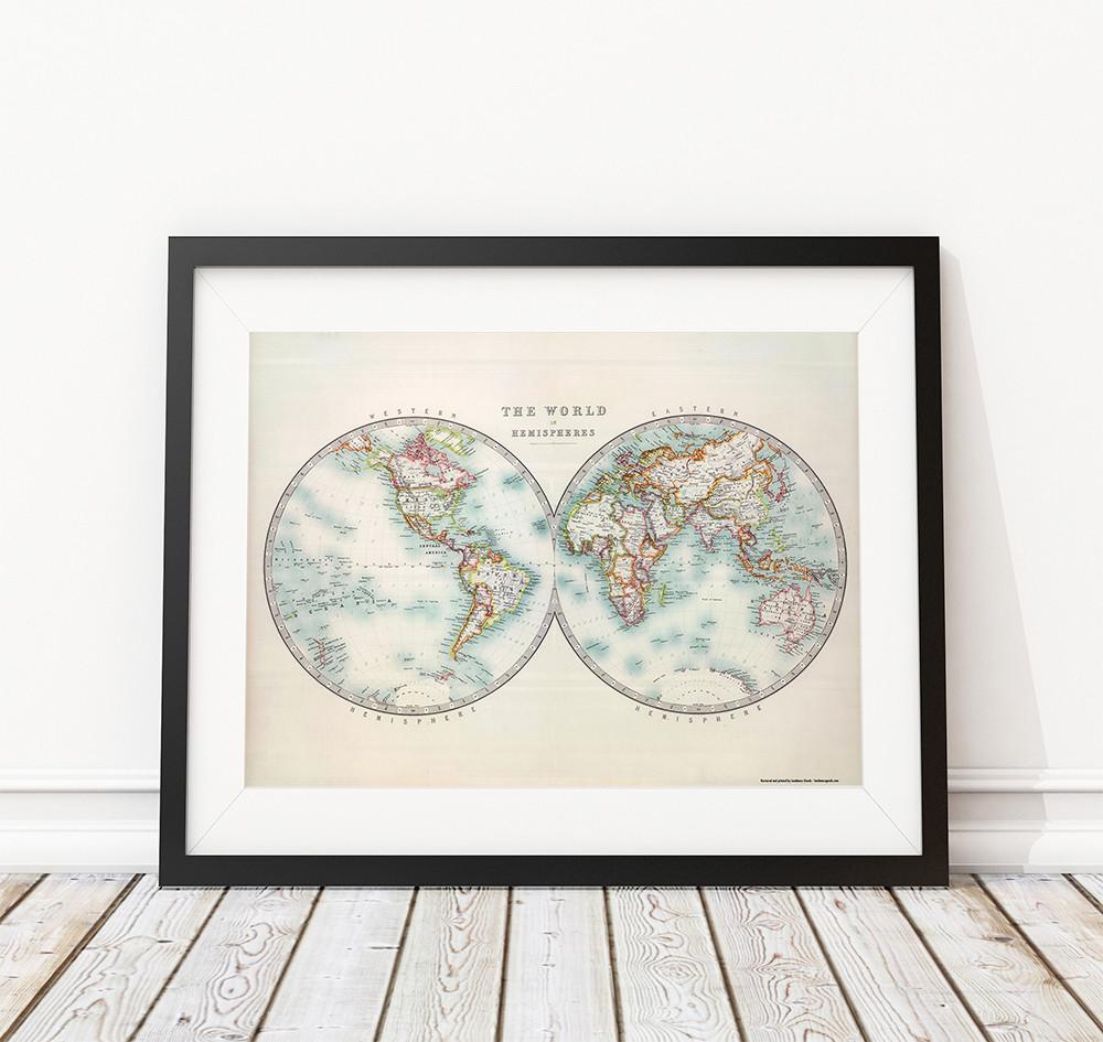 Two Hemispheres Print - 18 by 24 inch Vintage Map Atlas Poster