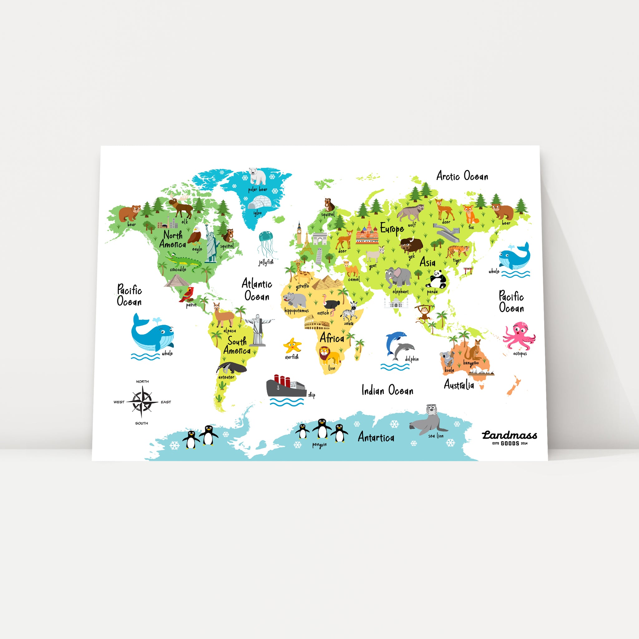 Colorful Children's Animal World Map Poster - 12x16 inches