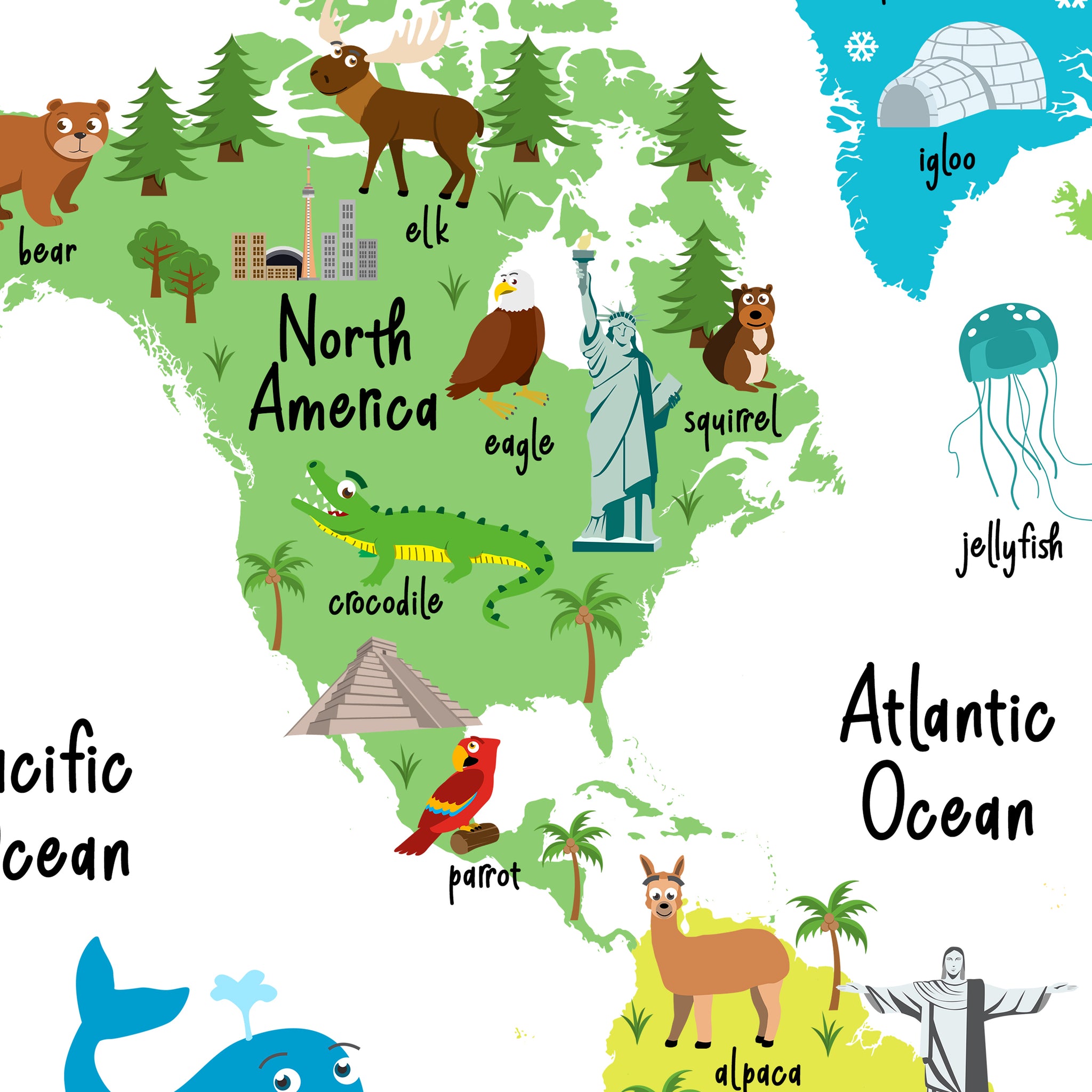 Colorful Children's Animal World Map Poster - 18x24 inches
