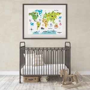 Large Colorful Children's Animal World Map Poster Print - 24x36 inches