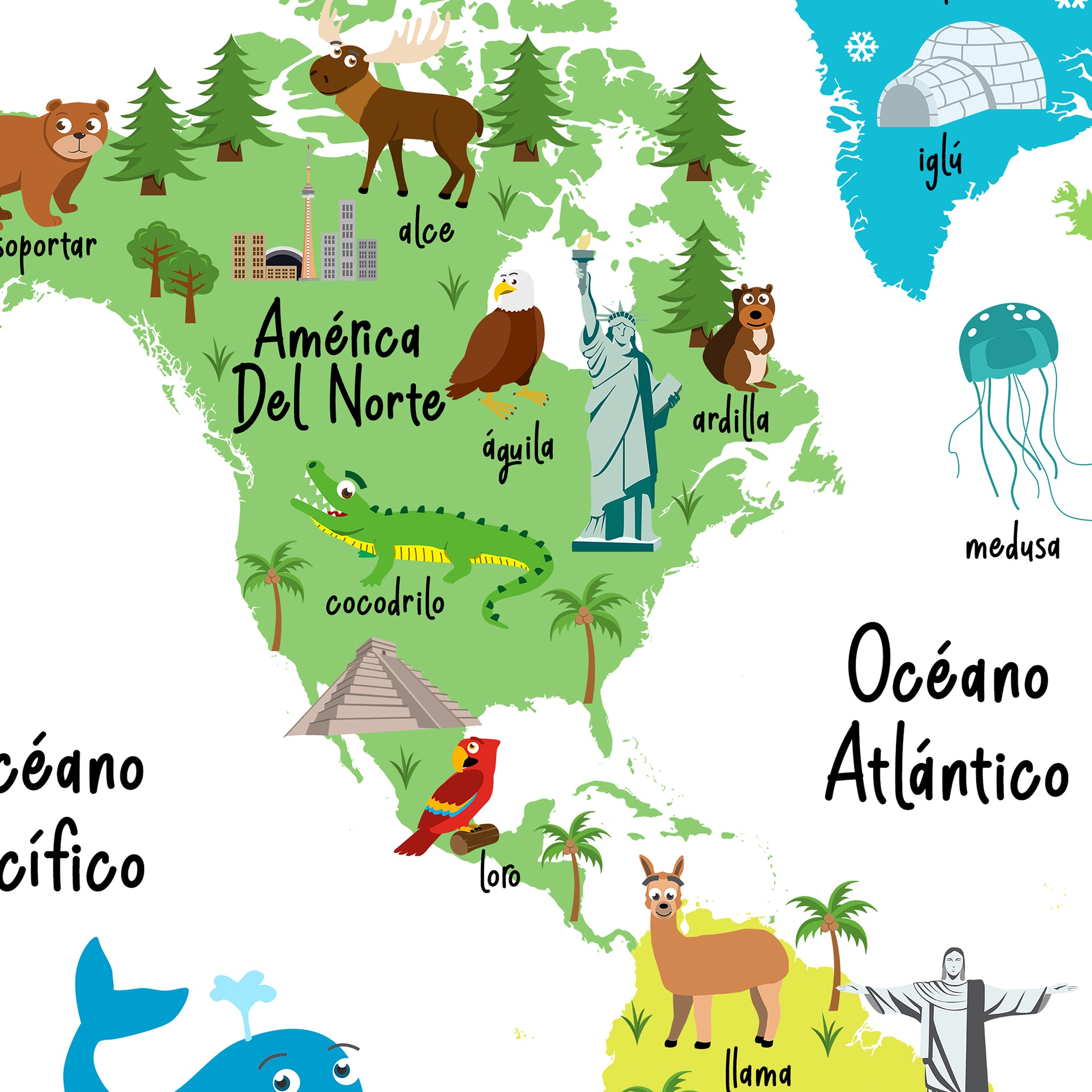 Spanish Version - 16x20 - Children's Animal World Map Poster - Mapa Del Mundo Para Niños En Español