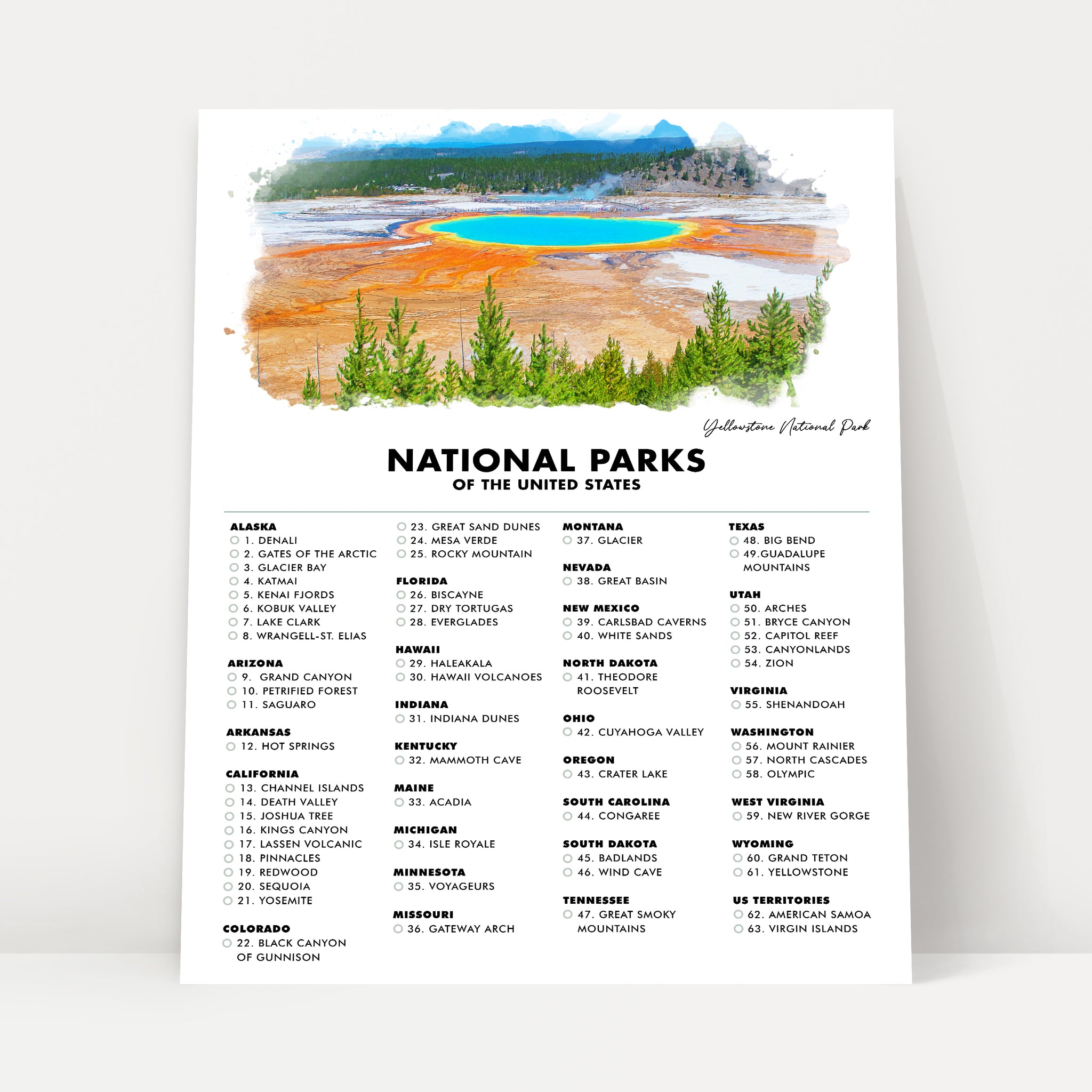 National Park Checklist Poster Print - 63 US National Parks - Travel - Gift Idea for Hiker - Traveler Gifts - Wall Art - Yellowstone