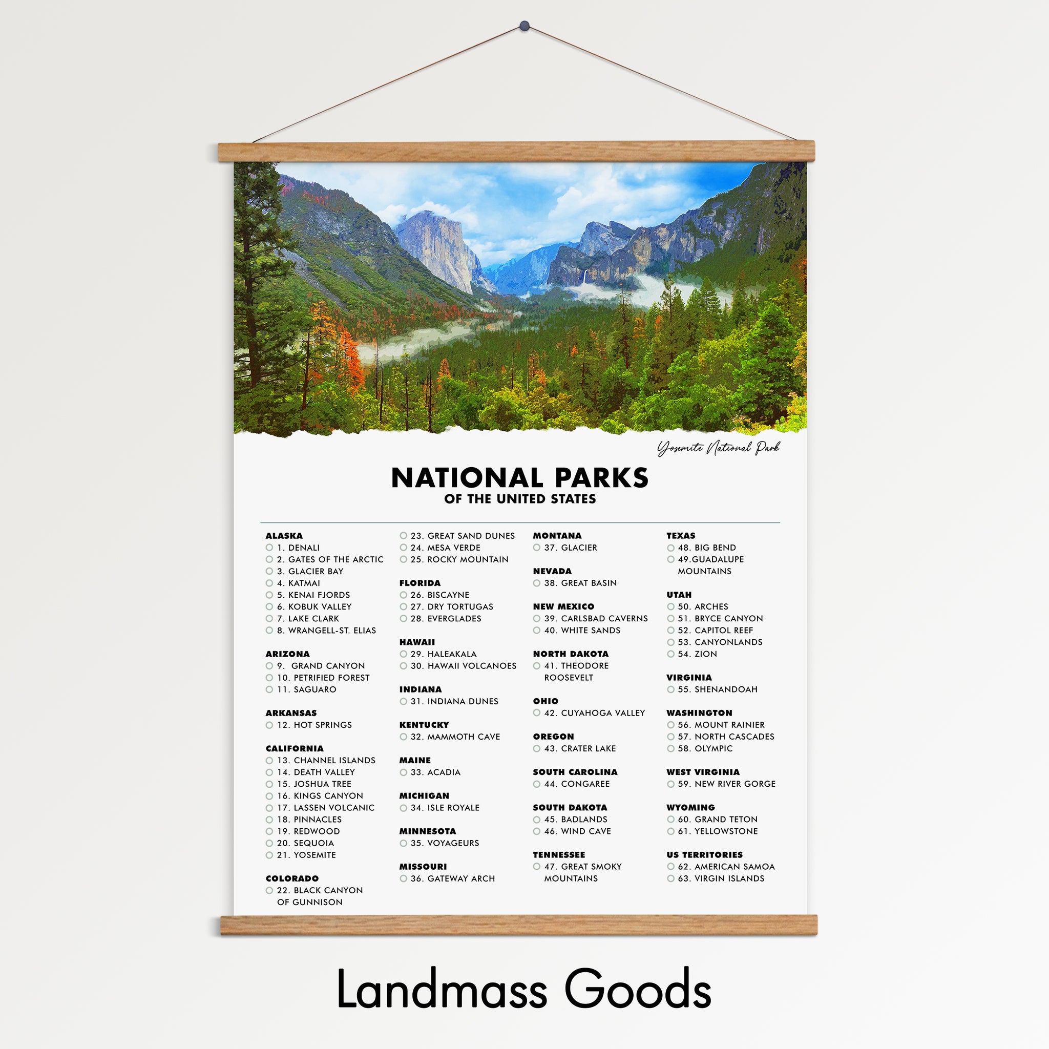 Yosemite National Park Checklist Poster - 63 US National Parks - Gift Idea for Hiker - Gifts For Traveler - Wall Art - Adventure Travel