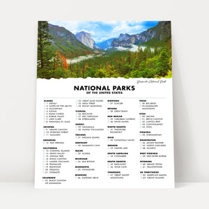 Yosemite National Park Checklist Poster - 63 US National Parks - Gift Idea for Hiker - Gifts For Traveler - Wall Art - Adventure Travel