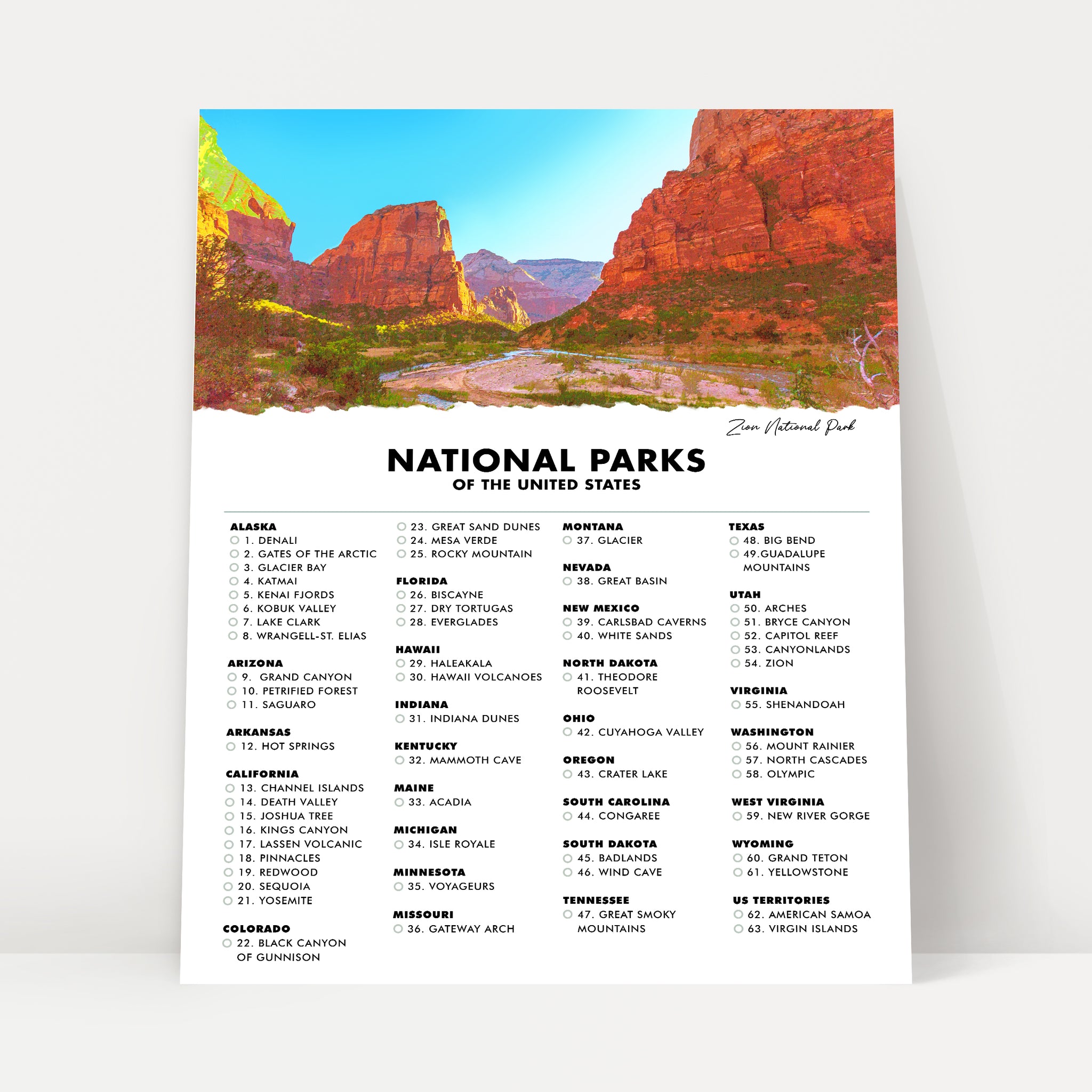 Zion National Park Checklist Poster - 63 US National Parks - Gift Idea for Hiker - Gifts For Traveler - Wall Art - Adventure Travel