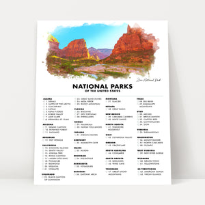 National Park Checklist Poster Print - 63 US National Parks - Travel - Gift Idea for Hiker Backpacker - Gifts For Traveler - Wall Art - Zion