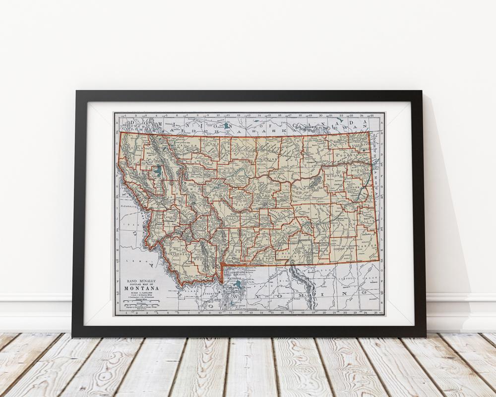 Montana Vintage Map Poster - 18 by 24 inch Vintage Map Print
